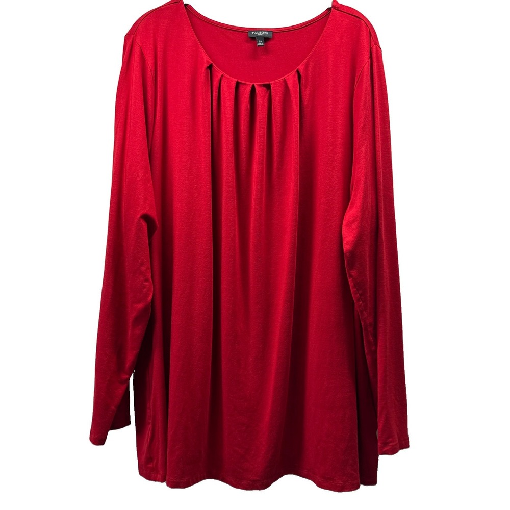 Talbots Women's Top Size 3X Solid Red Pleated Long Sleeve Pullover Stretch